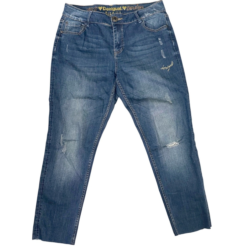 Desigual Skinny Jeans Womens 33 Blue Distressed Raw Hem Embroidered‎ Mid Rise